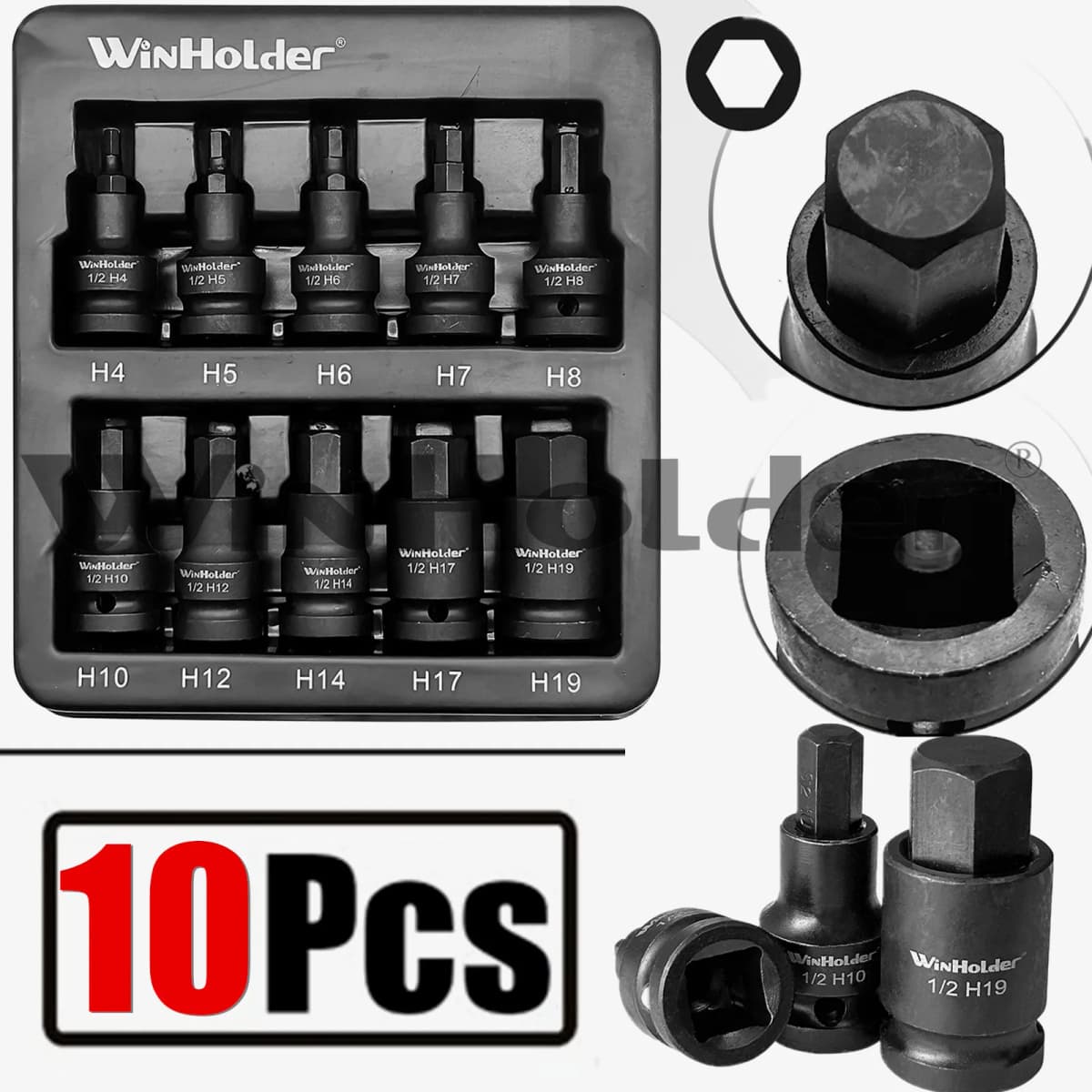 WinHolder 10PCS 1/2 Drive Impact Hex Socket Set H4, H5, H6, H7, H8, H10, H12, H14, H17 & H19 European Style Allen Key CR-V Steel