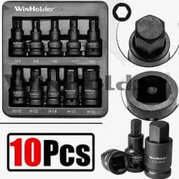 WinHolder 10PCS 1/2 Drive Impact Hex Socket Set H4, H5, H6, H7, H8, H10, H12, H14, H17 & H19 European Style Allen Key CR-V Steel