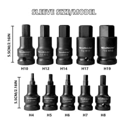 WinHolder 10PCS 1/2 Drive Impact Hex Socket Set H4, H5, H6, H7, H8, H10, H12, H14, H17 & H19 European Style Allen Key CR-V Steel