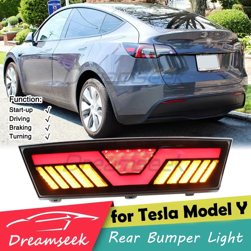 LED Rear Bumper Fog Light For Tesla Model Y 2020 2021 2022 2023 Red Driving Brake Lamp With Dynamic Sequential Yellow Turning