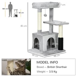 PawHut Cat Tree Kitten Scratch Post Activity Center with Massage Toy Hanging Ball Bed Condo Perch 48 x 48 x 85cm Grey