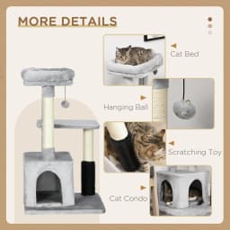 PawHut Cat Tree Kitten Scratch Post Activity Center with Massage Toy Hanging Ball Bed Condo Perch 48 x 48 x 85cm Grey