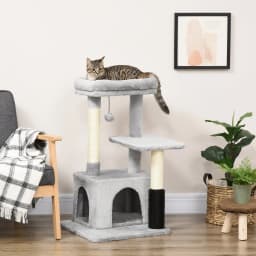 PawHut Cat Tree Kitten Scratch Post Activity Center with Massage Toy Hanging Ball Bed Condo Perch 48 x 48 x 85cm Grey