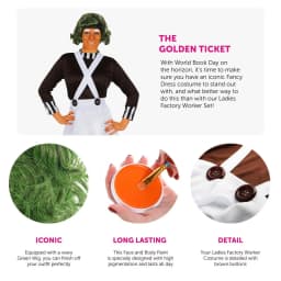Ladies Chocolate Factory Worker Costume - Brown Top, White Skirt, Green Wig, Gloves & Face Paint - World Book Day Fancy Dress