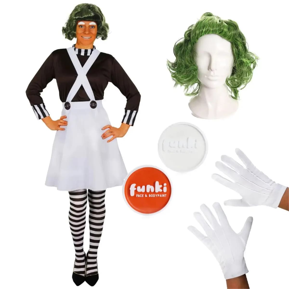 Ladies Chocolate Factory Worker Costume - Brown Top, White Skirt, Green Wig, Gloves & Face Paint - World Book Day Fancy Dress