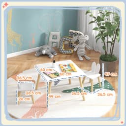 AIYAPLAY 3 Pieces Toddler Table and Chair Set, Kids Desk and 2 Chairs Set with Cute Bunny Ear Backrest, Wooden Legs - White