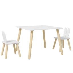 AIYAPLAY 3 Pieces Toddler Table and Chair Set, Kids Desk and 2 Chairs Set with Cute Bunny Ear Backrest, Wooden Legs - White