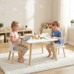 AIYAPLAY 3 Pieces Toddler Table and Chair Set, Kids Desk and 2 Chairs Set with Cute Bunny Ear Backrest, Wooden Legs - White