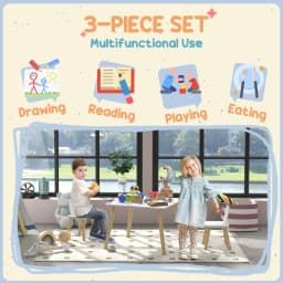 AIYAPLAY 3 Pieces Toddler Table and Chair Set, Kids Desk and 2 Chairs Set with Cute Bunny Ear Backrest, Wooden Legs - White
