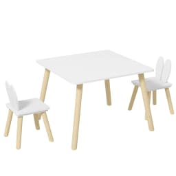 AIYAPLAY 3 Pieces Toddler Table and Chair Set, Kids Desk and 2 Chairs Set with Cute Bunny Ear Backrest, Wooden Legs - White