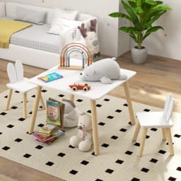 AIYAPLAY 3 Pieces Toddler Table and Chair Set, Kids Desk and 2 Chairs Set with Cute Bunny Ear Backrest, Wooden Legs - White