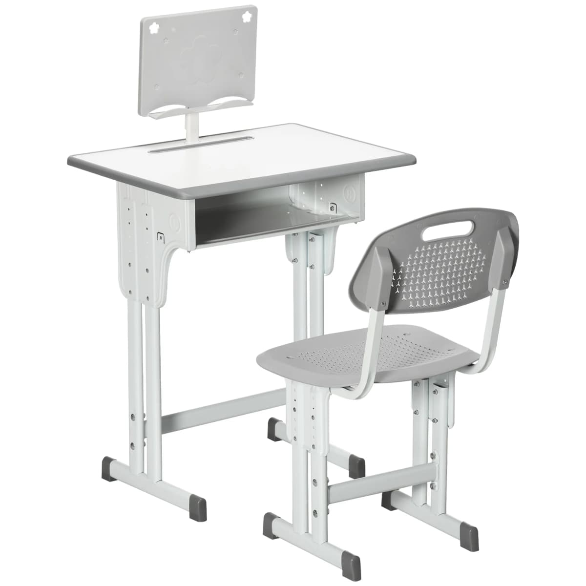 HOMCOM Kids Desk and Chair Set Adjustable Height Drawer Book Stand Grey