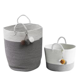 Woven Basket Baby Kids Toys Storage Clothes Hamper Laundry Basket with Decor Balls Grey/Pink