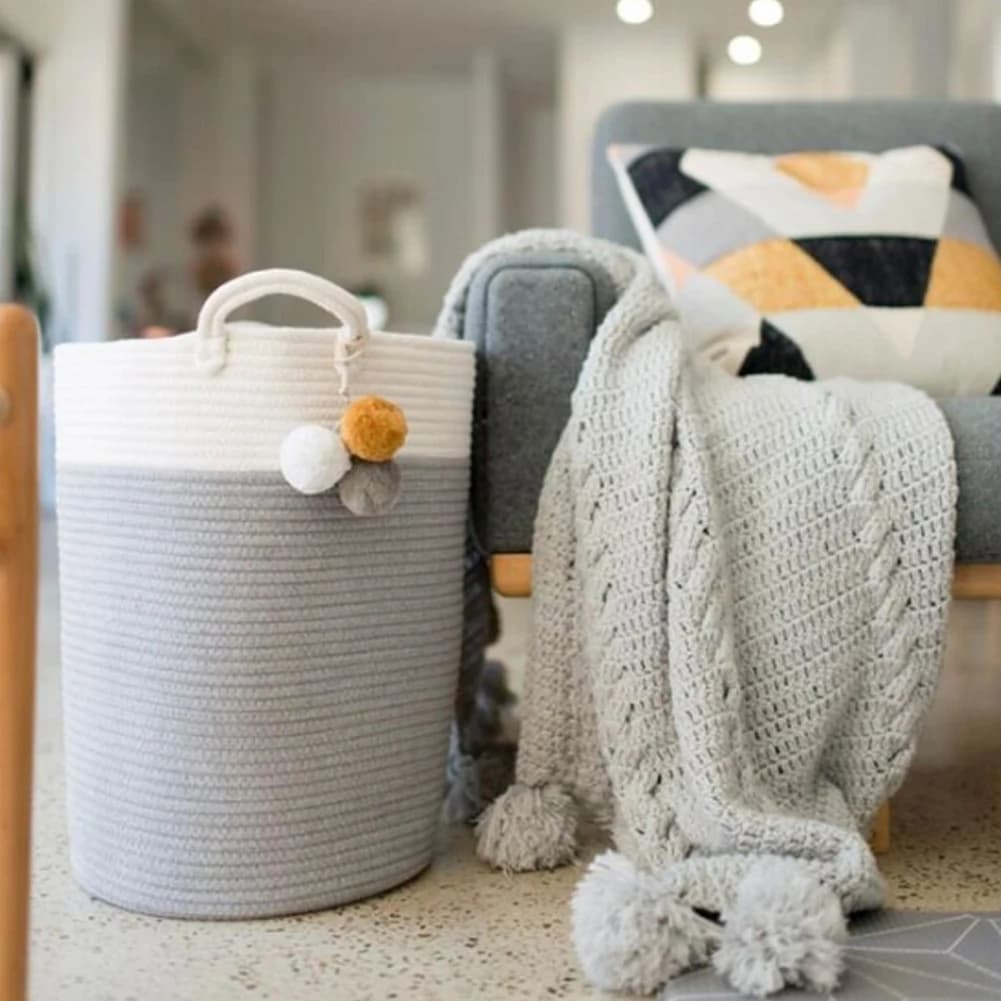 Woven Basket Baby Kids Toys Storage Clothes Hamper Laundry Basket with Decor Balls Grey/Pink