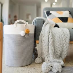 Woven Basket Baby Kids Toys Storage Clothes Hamper Laundry Basket with Decor Balls Grey/Pink