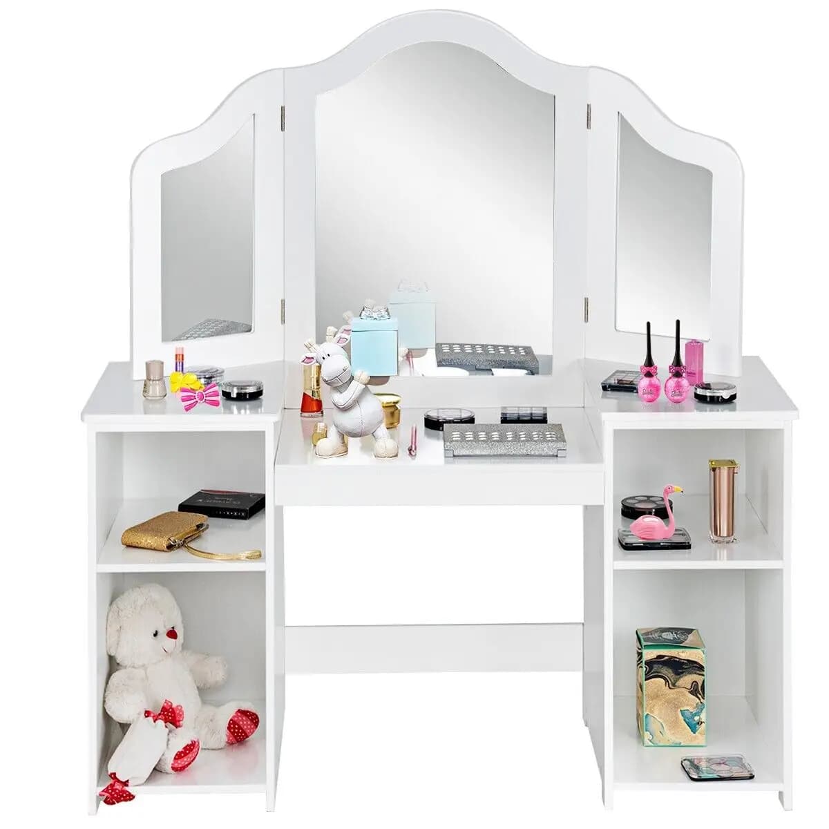 GOFLAME 2 In 1 Kids Vanity Table Children Dressing Table Set w/ Mirror & Storage Shelves