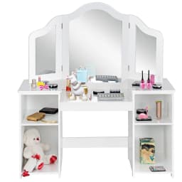 GOFLAME 2 In 1 Kids Vanity Table Children Dressing Table Set w/ Mirror & Storage Shelves