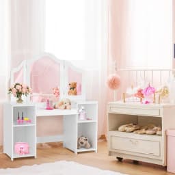 GOFLAME 2 In 1 Kids Vanity Table Children Dressing Table Set w/ Mirror & Storage Shelves