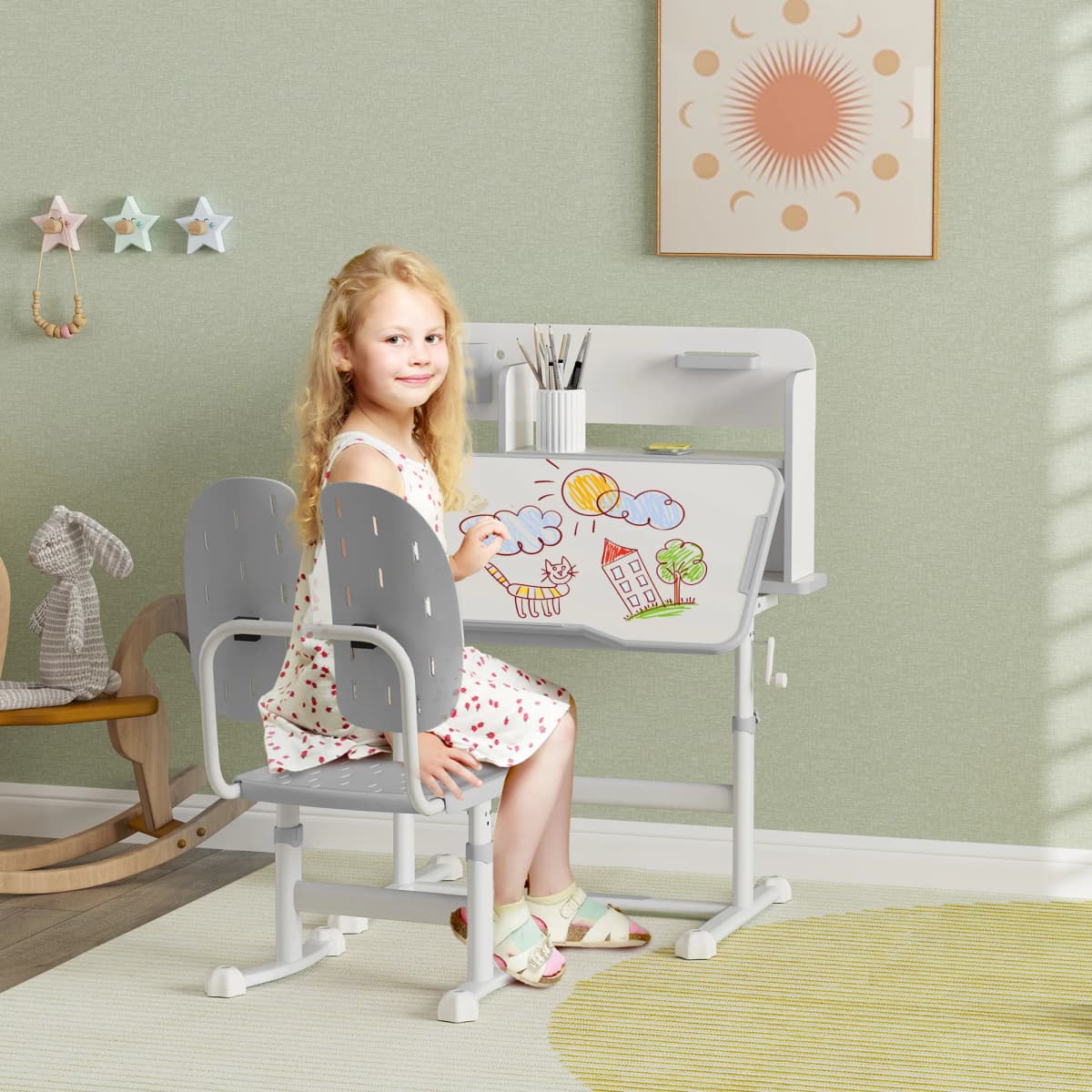 AIYAPLAY Height Adjustable Children School Study Desk with Tiltable Desktop Drawer, Pen Slot, Reading Rack for Ages 3-13 Years
