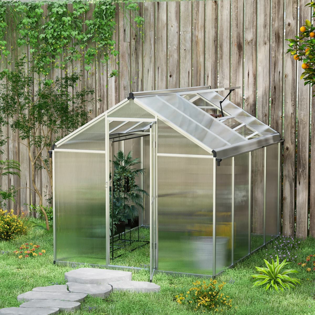 Aluminum Greenhouse W/ Door Window Galvanized Base Pc Panels Grow House Shed