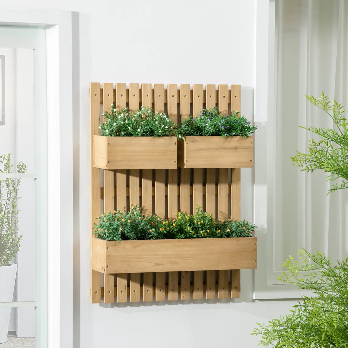 Wall-Mounted Garden Planters with Trellis and 3 Movable Planter Boxes Natural