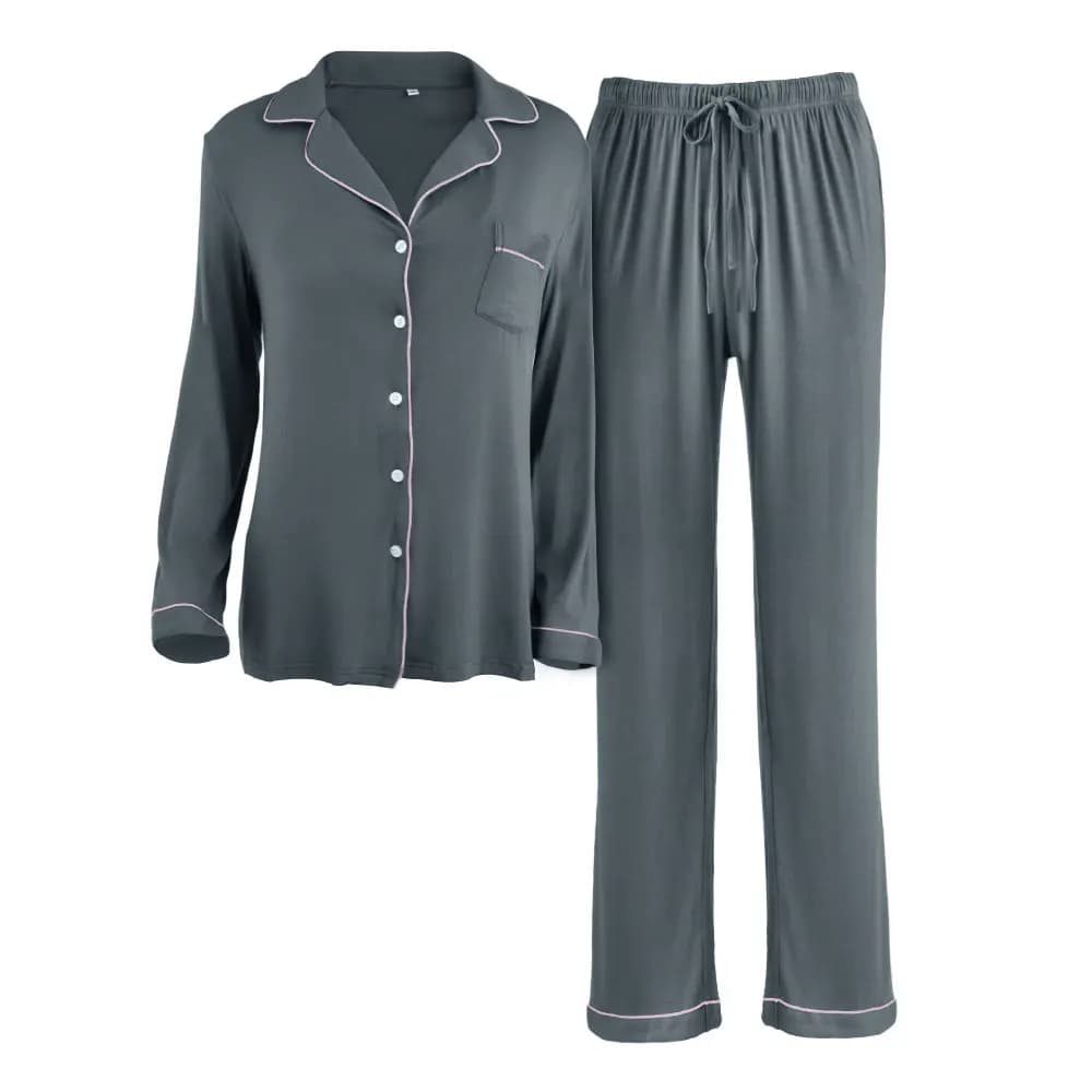 Livingandhome Long Sleeve Modal Fabric Camp Collar Loungewear Set for Women