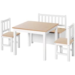 HOMCOM 4-Piece Kids Table and Chair Set with 2 Wooden Chairs, 1 Storage Bench, and Interesting Modern Design