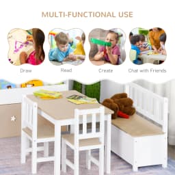HOMCOM 4-Piece Kids Table and Chair Set with 2 Wooden Chairs, 1 Storage Bench, and Interesting Modern Design