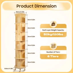6-Tier 360° Rotating Bookshelf Pine Wood Storage Organizer for Kids Books Toys Home Decor