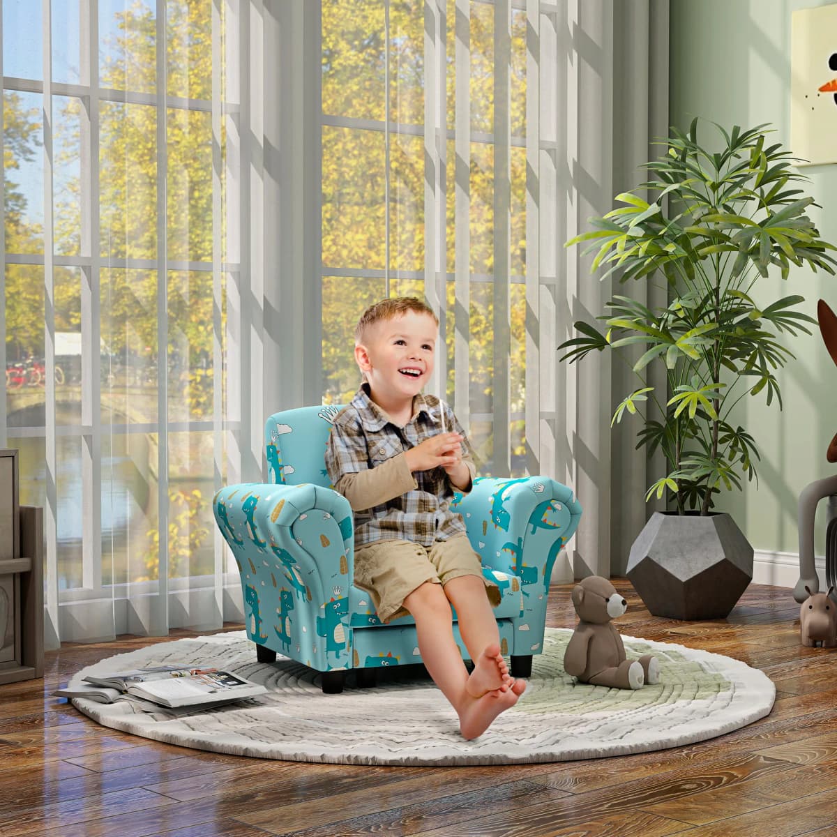 AIYAPLAY Kids Armchair with Stool, 2 Piece Kids Sofa Set with Dinosaur Design, Wooden Frame for 1.5-3 Years Old