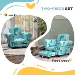 AIYAPLAY Kids Armchair with Stool, 2 Piece Kids Sofa Set with Dinosaur Design, Wooden Frame for 1.5-3 Years Old