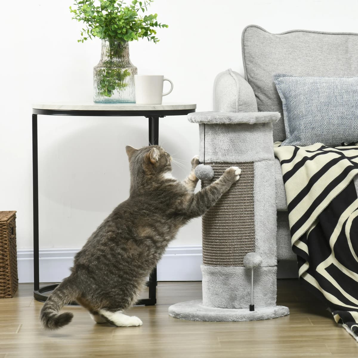 PawHut 58cm Cat Scratching Post for Corner Wall, Claw Scratcher, with Smooth Plush, Sisal Rope, Toy Balls, Stable Base - Grey