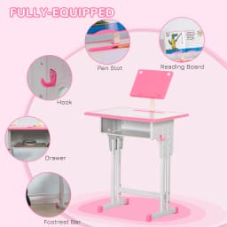 HOMCOM Kids Desk and Chair Set Adjustable Height Drawer Book Stand Pink