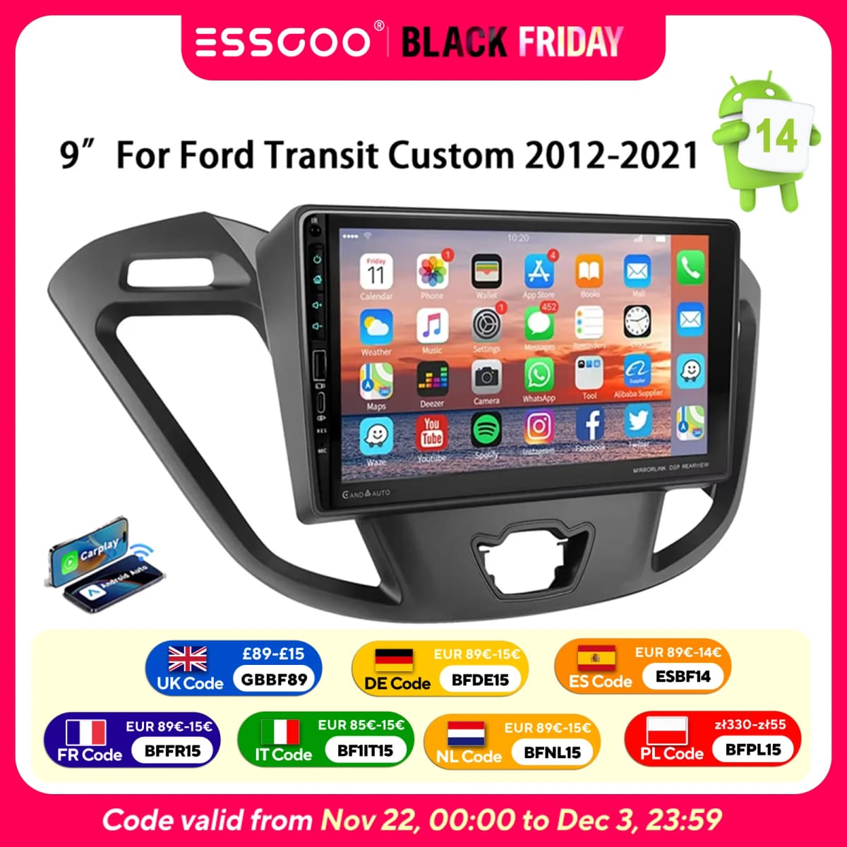 ESSGOO 9" Android 13 For Ford Transit Custom 2012-2021 Car Stereo Radio Carplay Android Auto GPS NAVI WIFI BT FM RDS USB Type-C