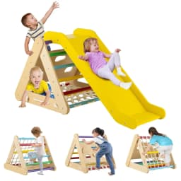 DORTALA 4-in-1 Triangle Climbing Set Wooden Toddler Climber with Ramp Sliding Board