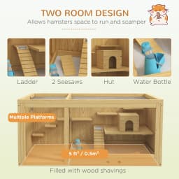 PawHut Wooden Hamster Cage with Water Bottle, Platforms, Openable Roof, Sliding Tray, Hut, Seesaws, Natural Wood Finish