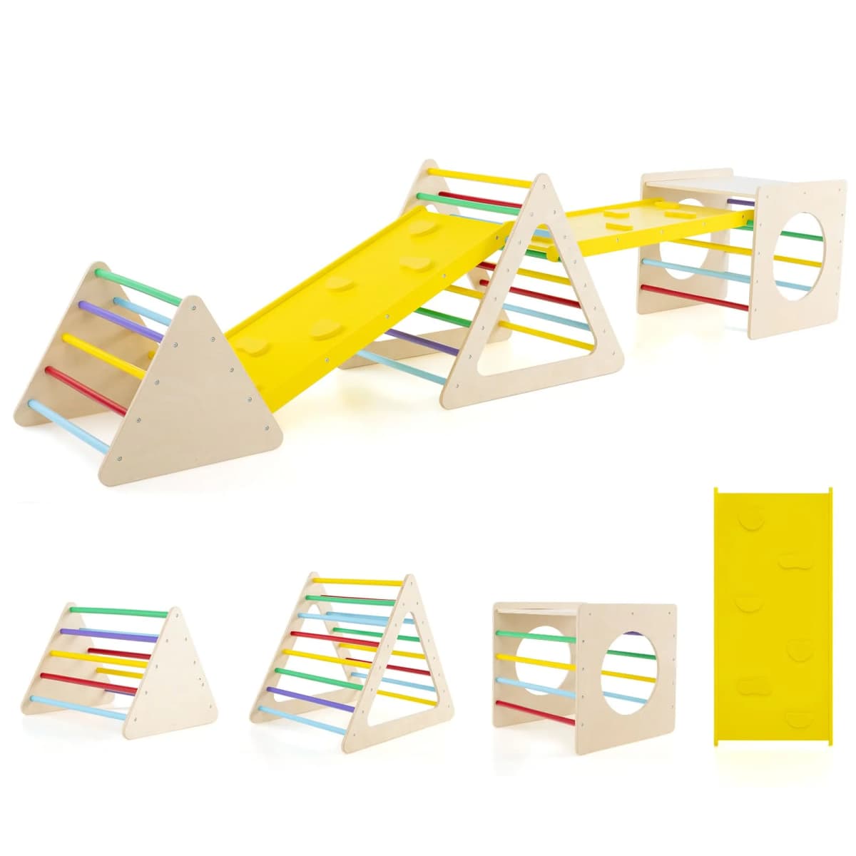 DORTALA Set of 5 Toddler Triangle Climber 6-in-1 Toddler Wooden Toys-Colorful