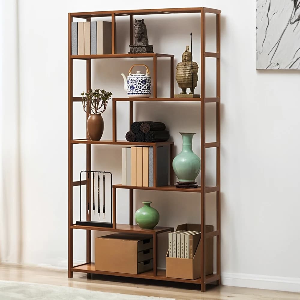 7-Tier  Staggered Bookcase, Modern Freestanding Wooden Bookcase Display Stand,99cm W x 25.3cm D x 175cm H