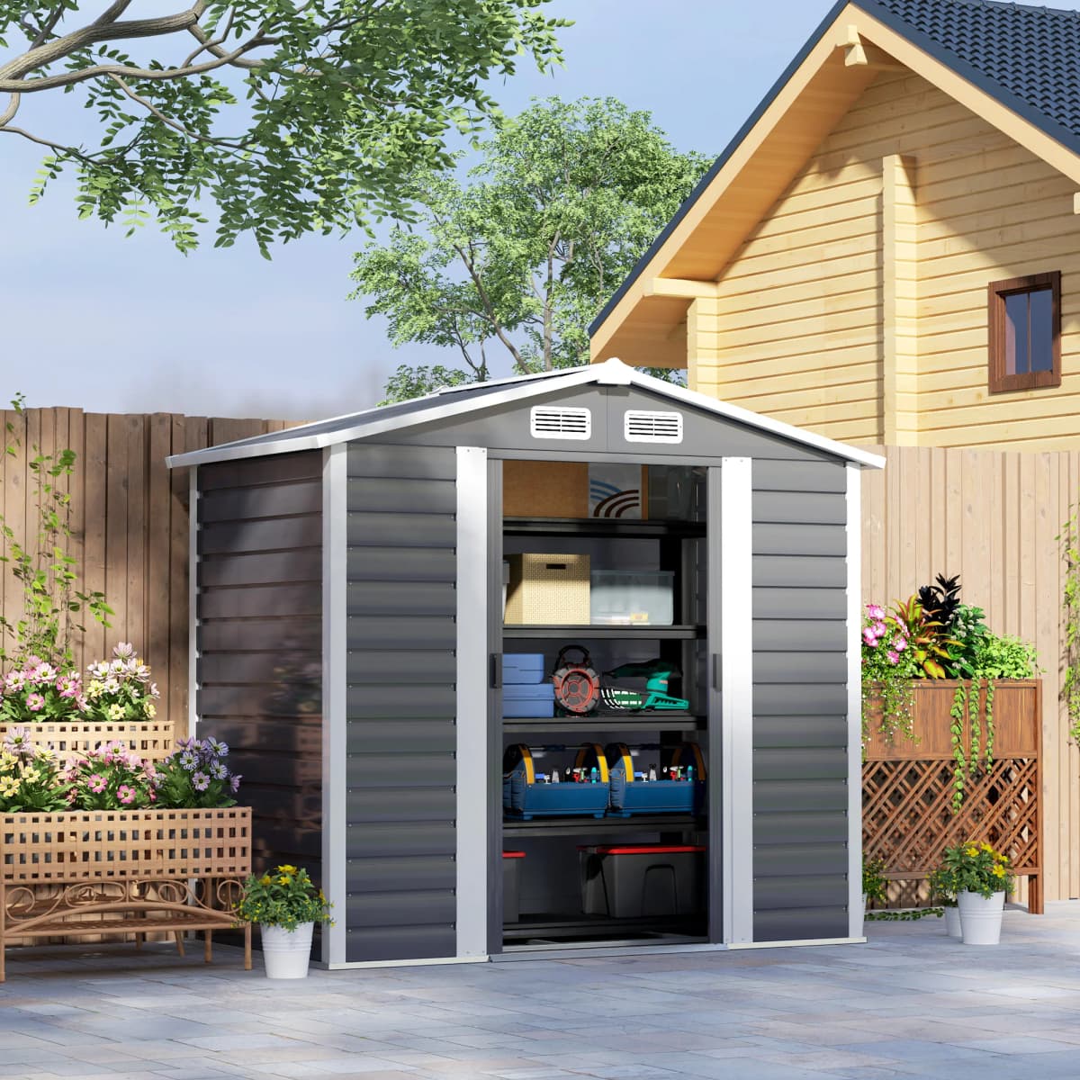 7 X 4ft Outdoor Metal Storage Shed with Lockable Doors and Gloves, Dark Gray