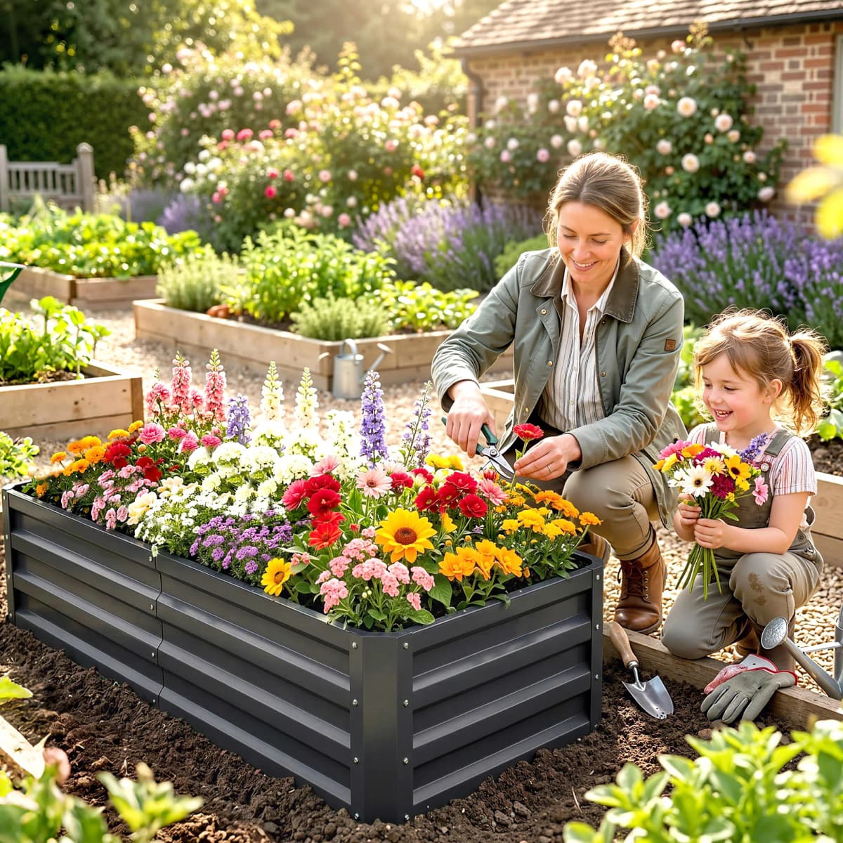 Raised Garden Bed Steel Planter Growing Box for Vegetables Flowers Grey