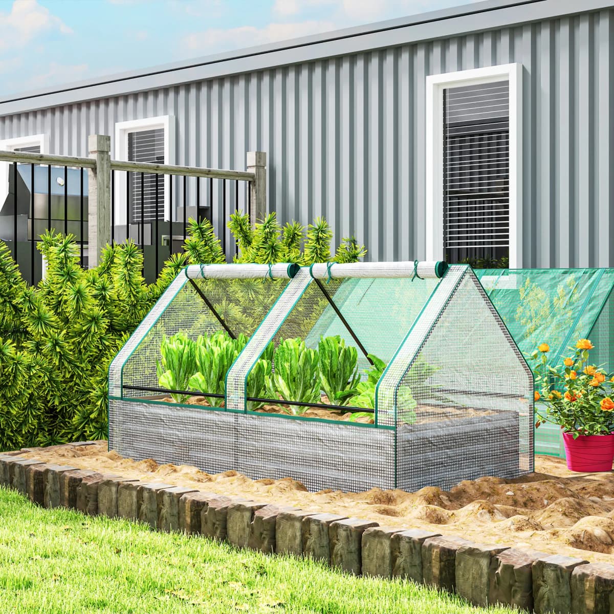 Raised Garden Bed with Greenhouse, Planter Box with Cover, White and Dark Gray