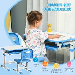 HOMCOM Kids Desk and Chair Set, Height Adjustable Student Writing Desk with Tiltable Desktop, Drawer, Pen Slot, Hook