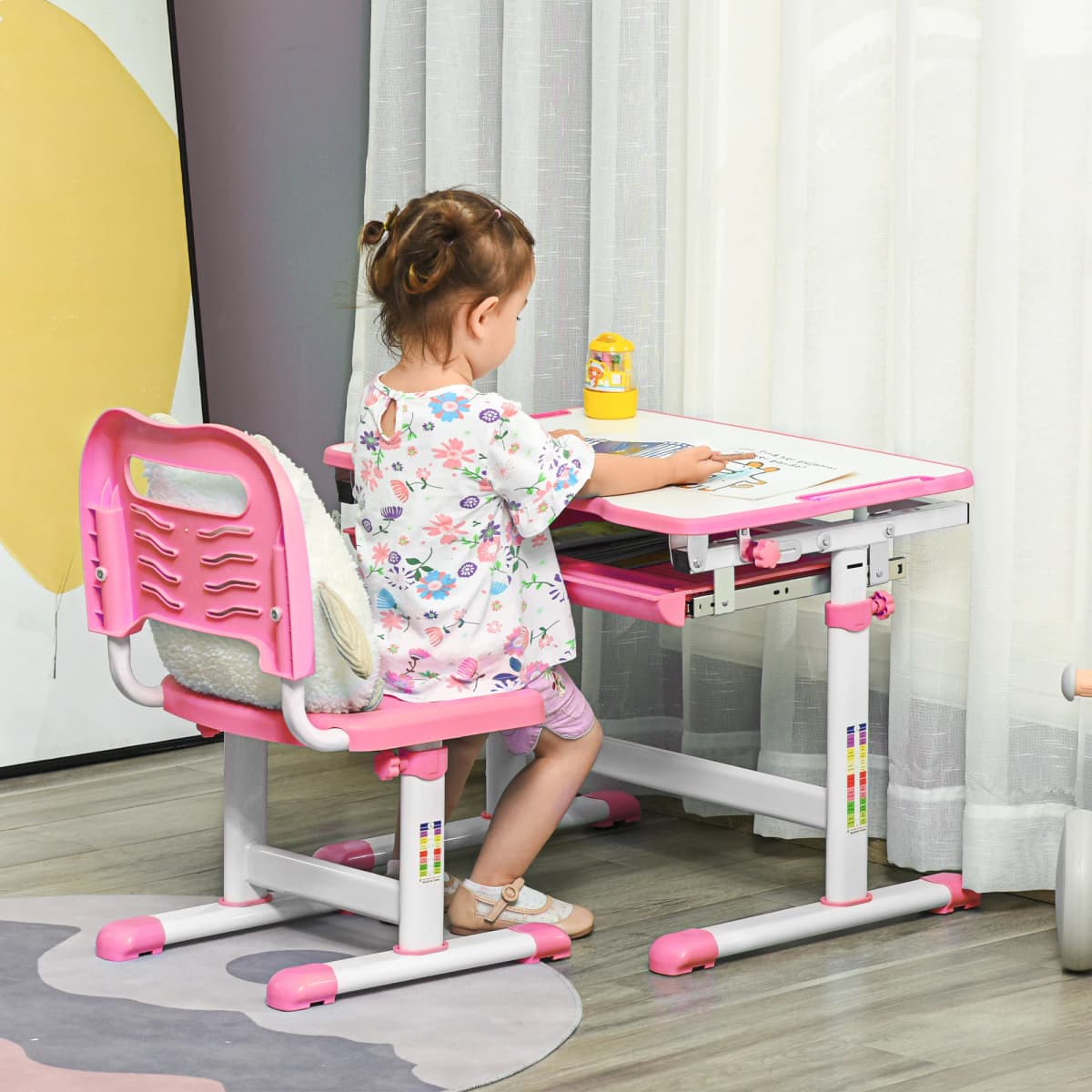 HOMCOM Kids Desk and Chair Set, Height Adjustable Student Writing Desk with Tiltable Desktop, Drawer, Pen Slot, Hook
