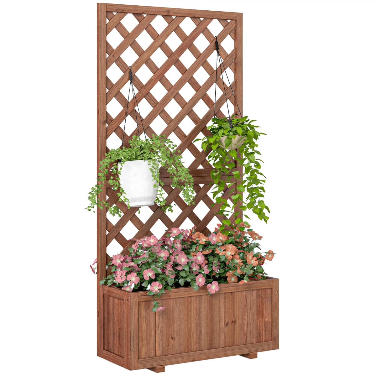 Garden Wooden Pine Trough Planter W/ Topped Trellis Climbing Plants, Orange