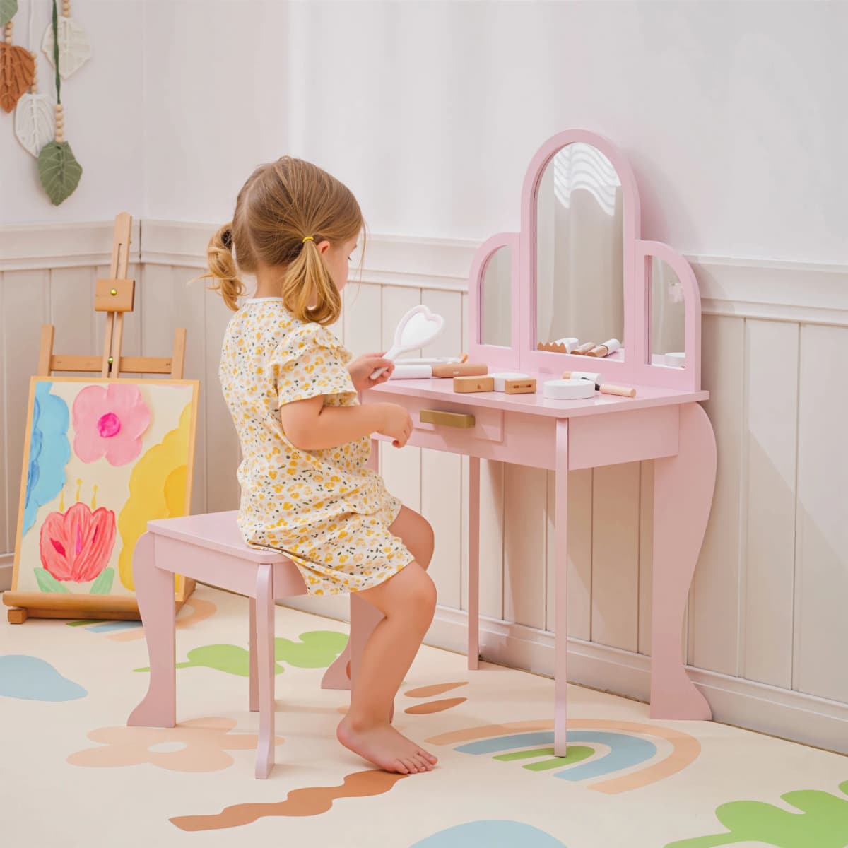 HOMCOM Kids Dressing Table and Stool Kids Vanity Set Makeup Desk w/ Mirror, Drawer, for Ages 3-6 Years - Pink
