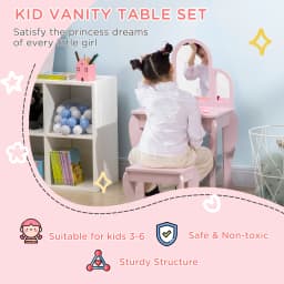 HOMCOM Kids Dressing Table and Stool Kids Vanity Set Makeup Desk w/ Mirror, Drawer, for Ages 3-6 Years - Pink