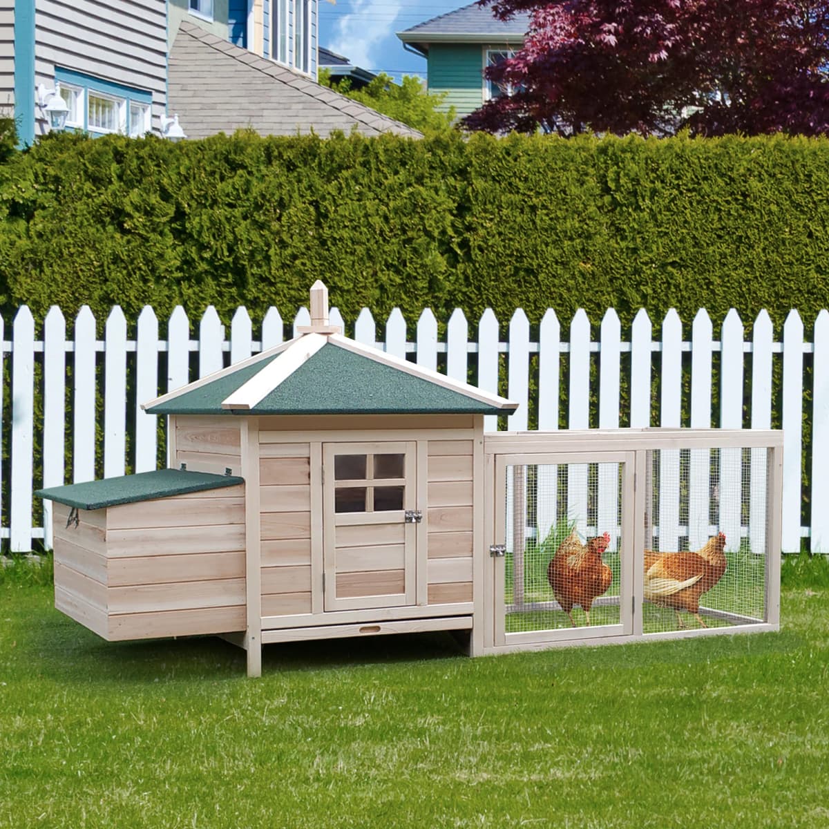 PawHut Chicken Coop with Chicken Run, Outdoor Hen House Poultry Cage with Nesting Box, Openable Top, 196 x 76 x 97cm