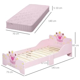 HOMCOM Kids Toddler Bed Princess Crown Theme Safety Side Rails Slats Home Bedroom Furniture 3-6 Yrs Pink 143 x 73 x 60 cm