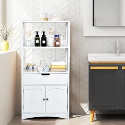 GOFLAME Bathroom Floor Cabinet Wooden Tall Storage Cupboard Freestanding 2 Open Shelves