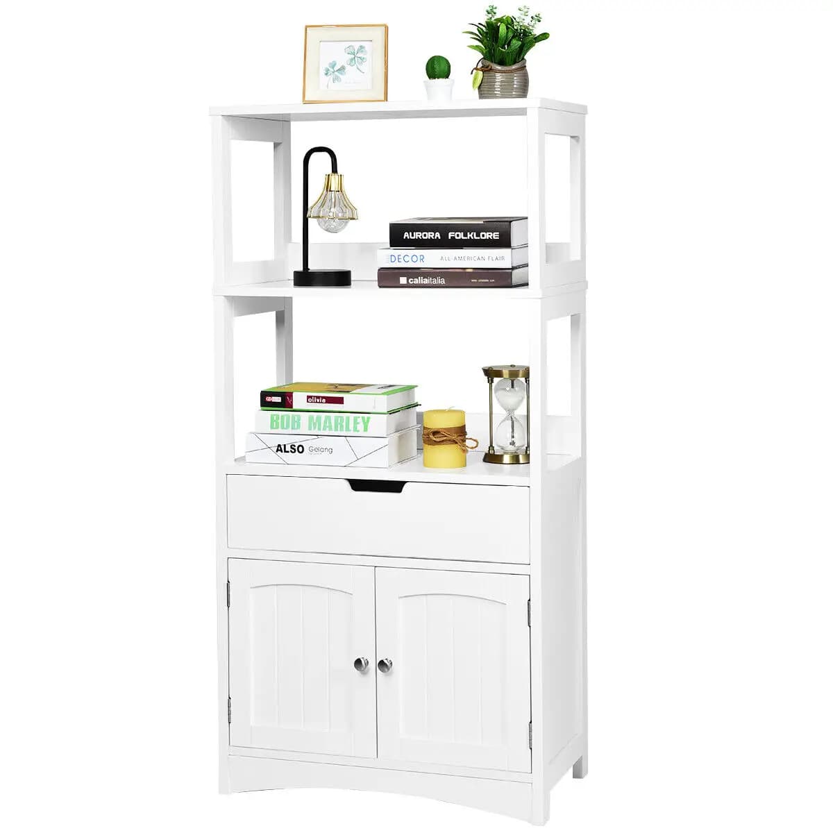 GOFLAME Bathroom Floor Cabinet Wooden Tall Storage Cupboard Freestanding 2 Open Shelves